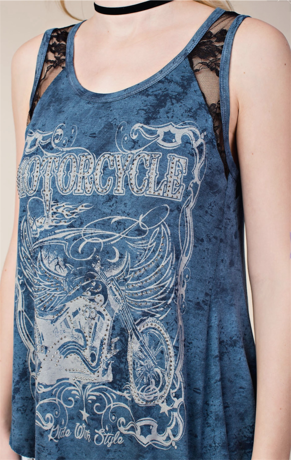 Rhinestone Lace Tank: indigo