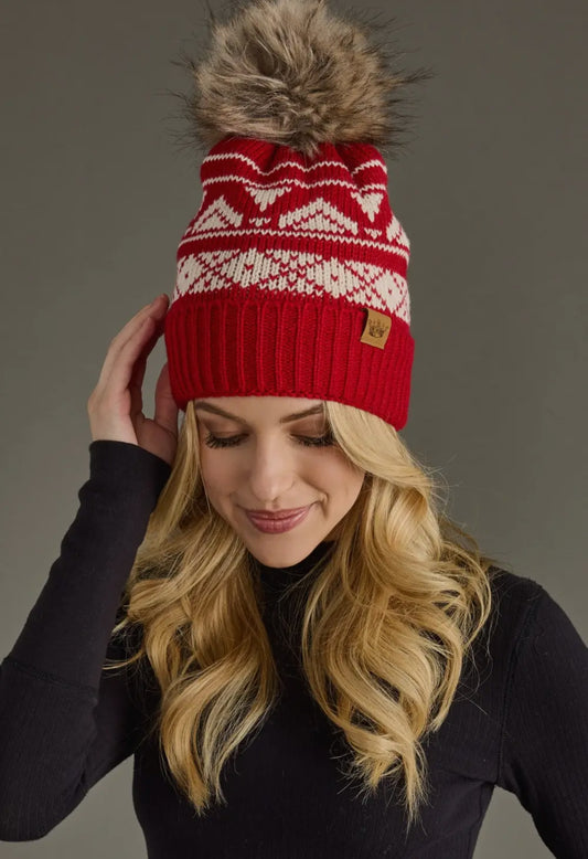 Red and Cream Patterned Pom Beanie