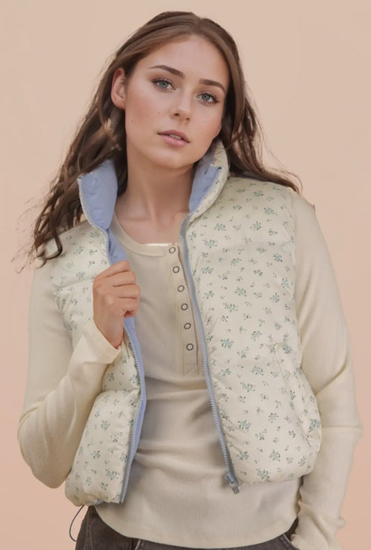 Floral Cropped Puffer Vest: Blue