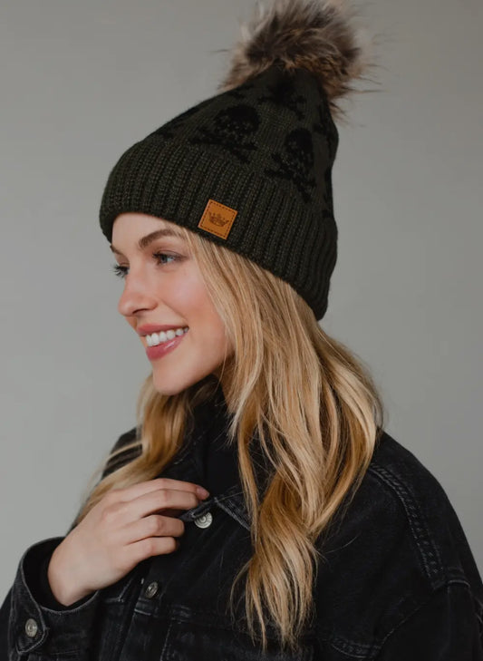 Olive Skull Pom Beanie