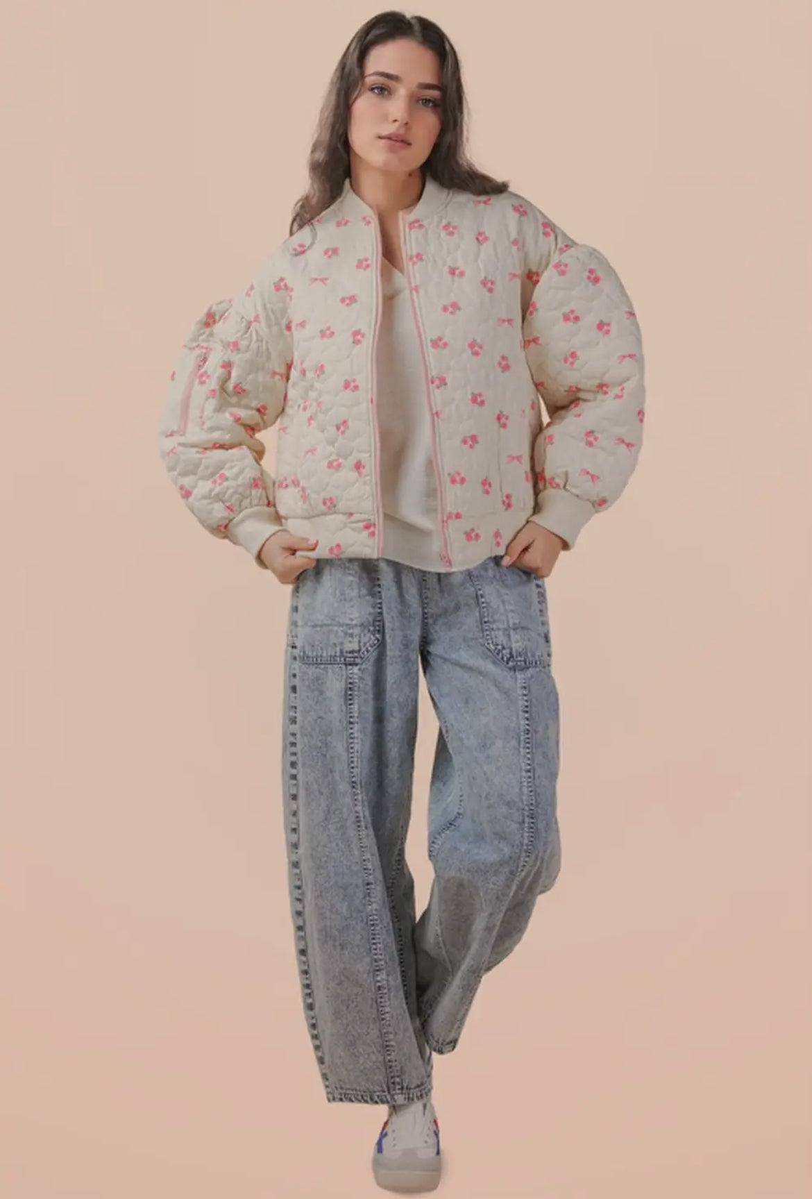 Floral Quilted Oversized Jacket: Pink