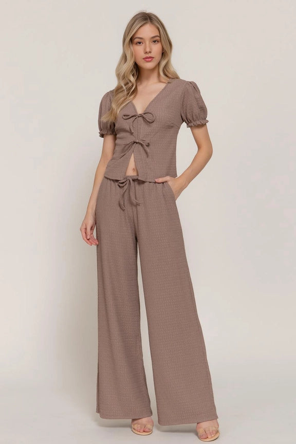 Taupe Bow Knit Top & Pants Set