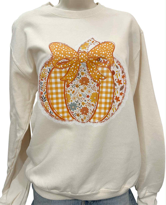 Pumpkin Bow Lace Crew Neck Sweatshirt