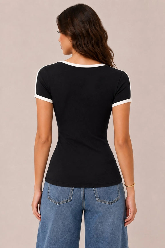 Contrast V Neck Short Sleeve Tee