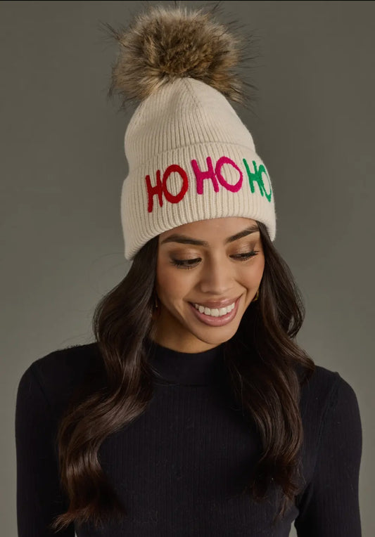 Beige Ho Ho Ho Knit Pom Beanie