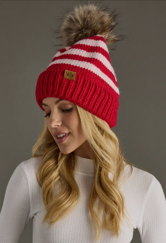 Red and pink striped Pom Beanie