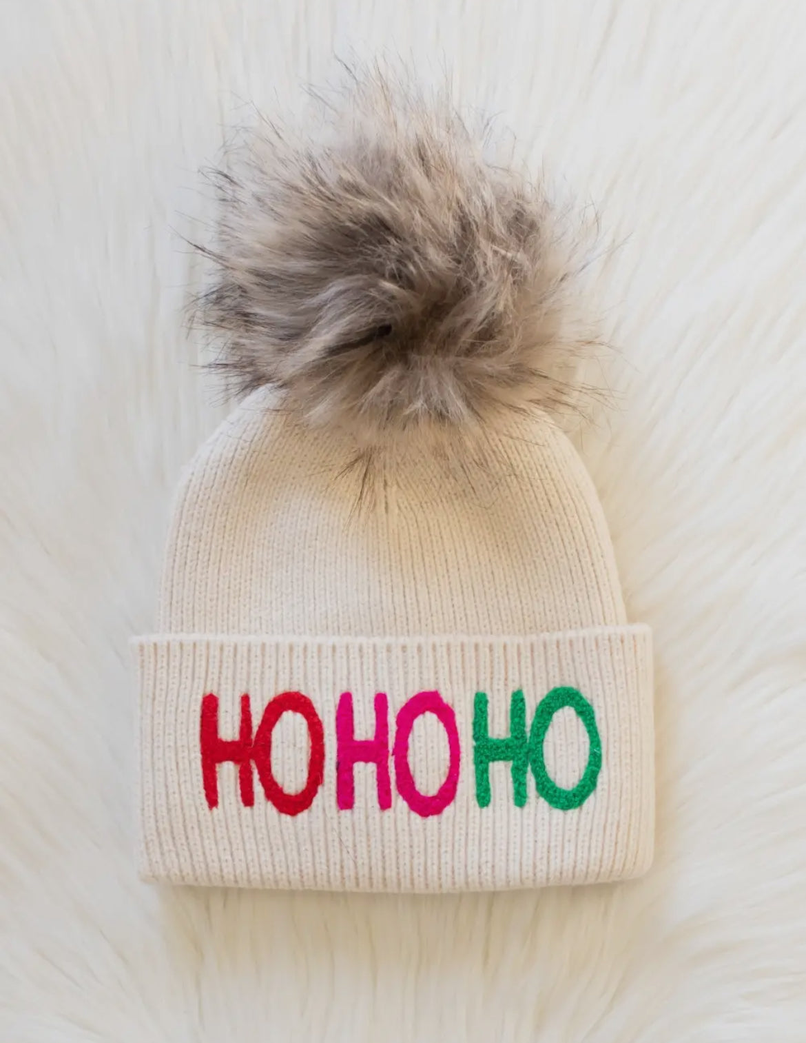Beige Ho Ho Ho Knit Pom Beanie