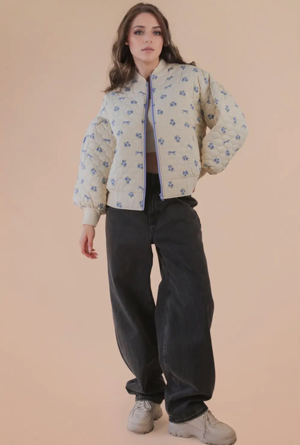 Floral Quilted Oversized Jacket: Blue