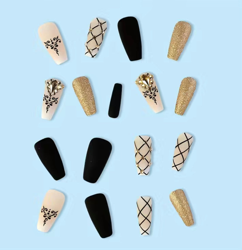 Golden Glitter Nails with Rhinestones