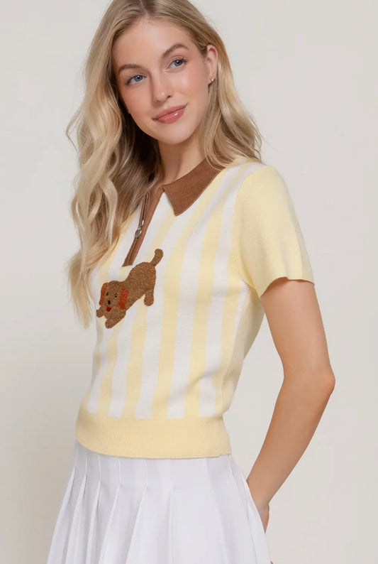 Yellow Stripe Knit Polo Top
