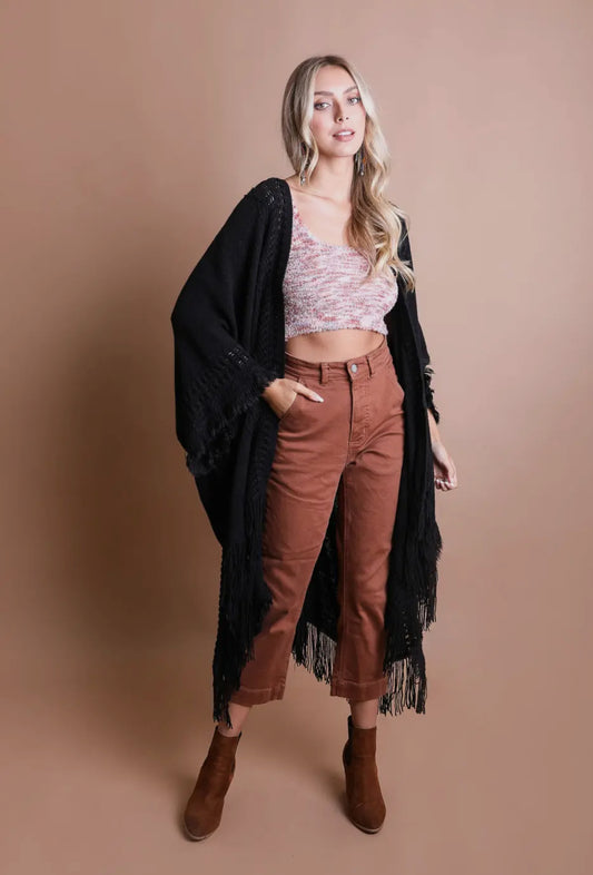 Bohemian Frayed Ruana: Black