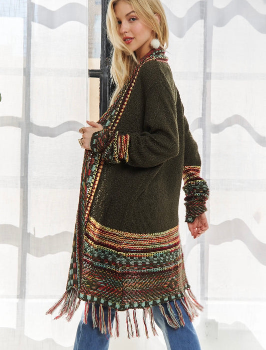 Fringe Hem Cardigan- olive