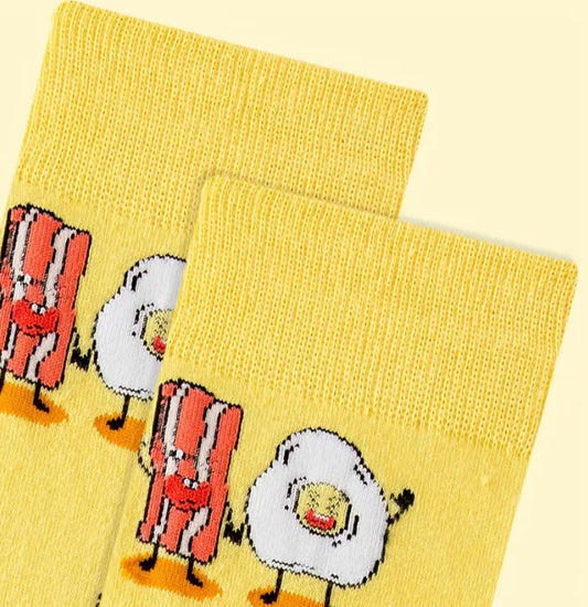 Bacon, Eggs, Socks, Breakfast, Foodie, Culinary, Whimsical, Novelty, Comfort, Cozy, Fun, Quirky, Sunny-side-up, Crispy, Delicious, Unique, Footwear, Gift, Food-inspired, Fashion