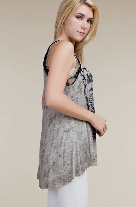 Rhinestone Lace Tank: taupe