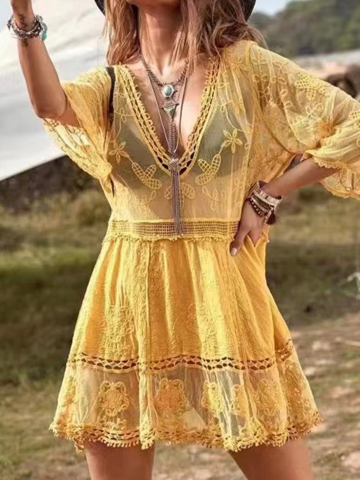 Boho Sheer Lace Mini Dress Cover Up- Yellow