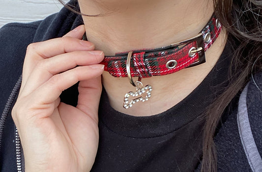 Plaid Rhinestone Dog Bone Collar Necklace