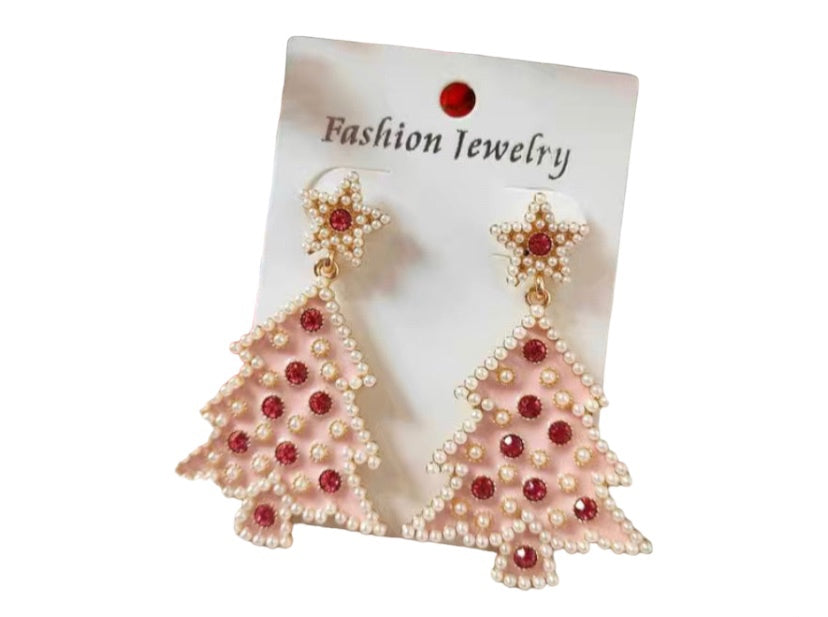 Pink Rhinestone Christmas Earrings