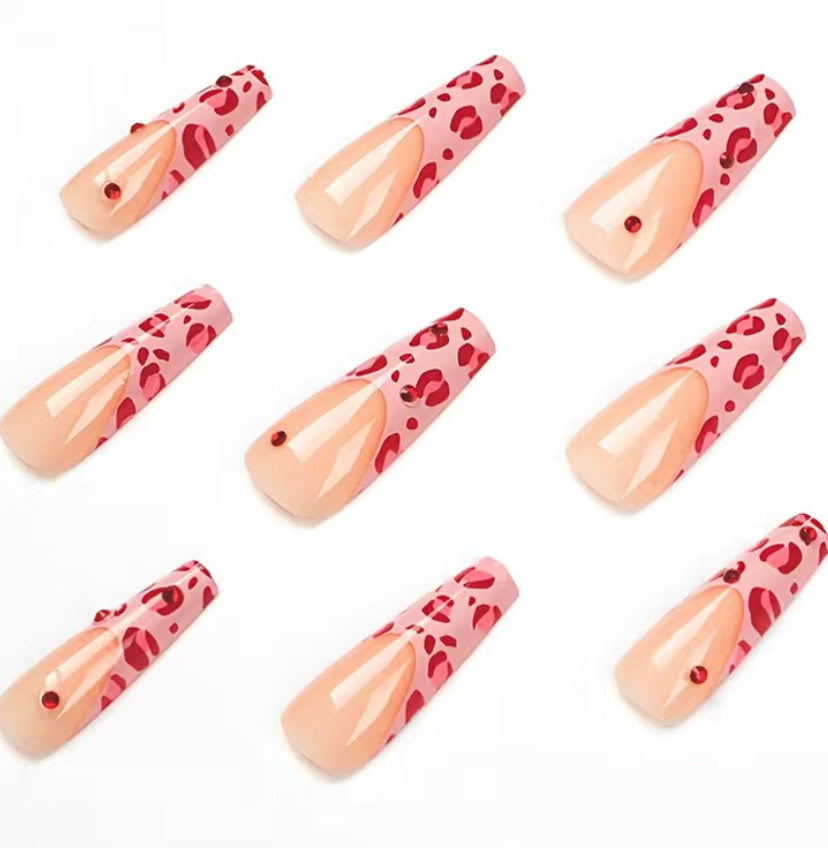 Pink Leopard Print Rhinestone Nails