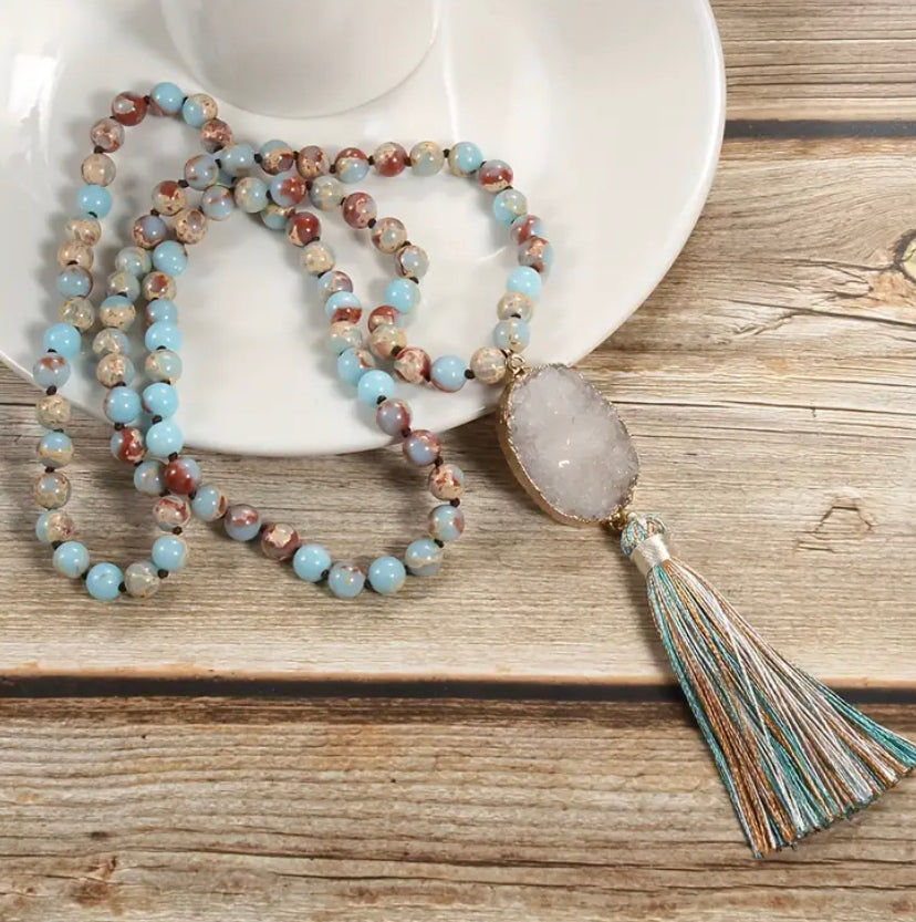 Boho Tassel Crystal Necklace: Light Blue