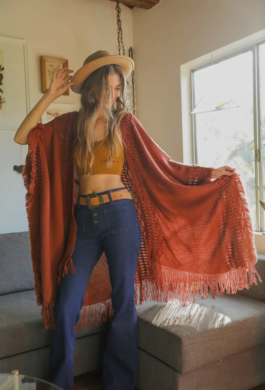 Bohemian Frayed Ruana: Rust