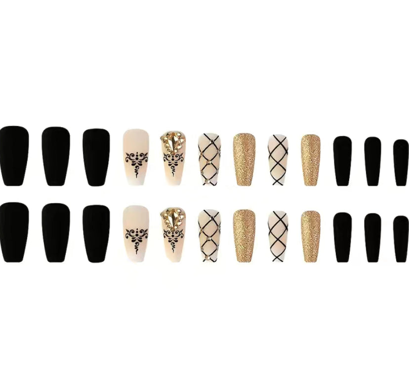 Golden Glitter Nails with Rhinestones