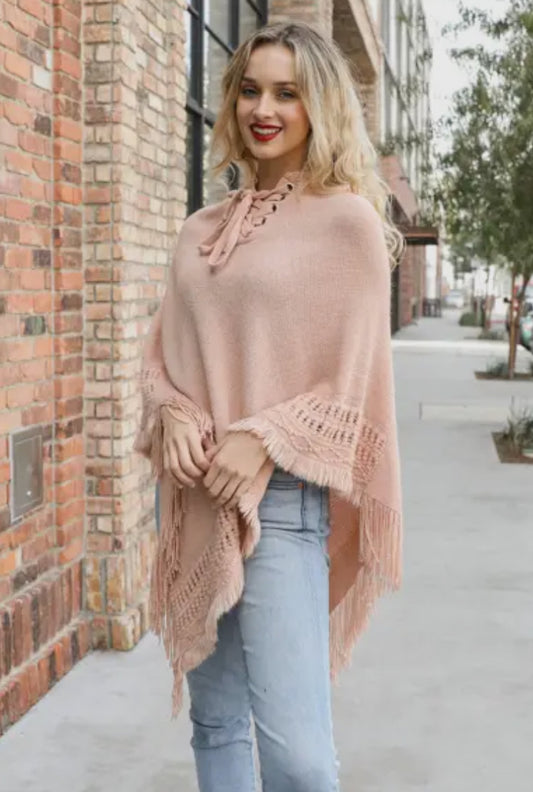 Pink Knit Poncho with hood