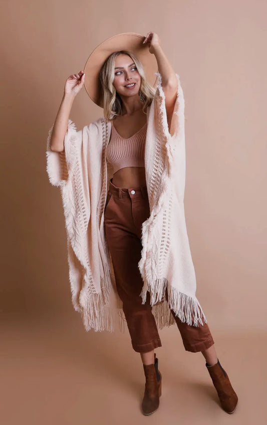 Bohemian Frayed Ruana: Beige