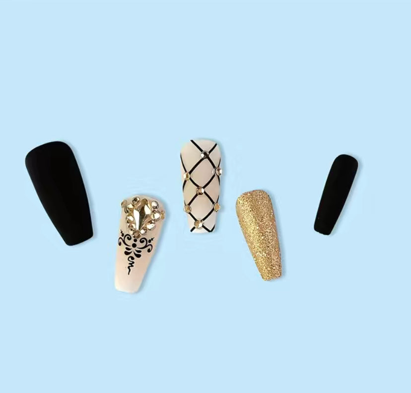 Golden Glitter Nails with Rhinestones