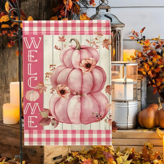 Plaid Pink Pumpkins Garden Flag