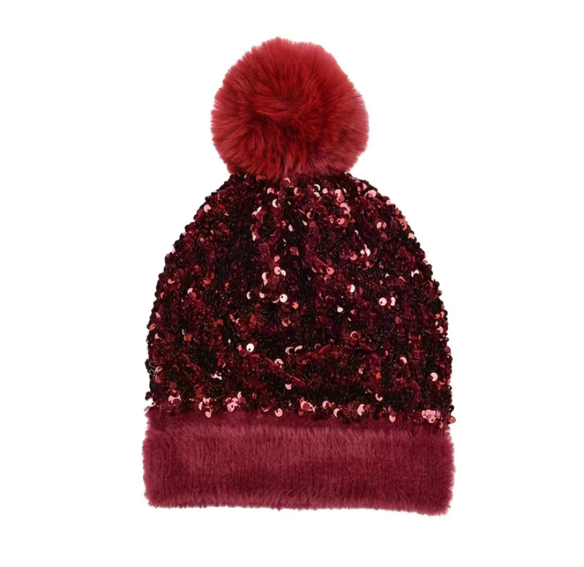 Glitzy Glam Pom Beanie: burgundy