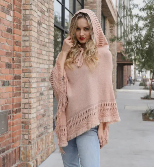 Pink Knit Poncho with hood