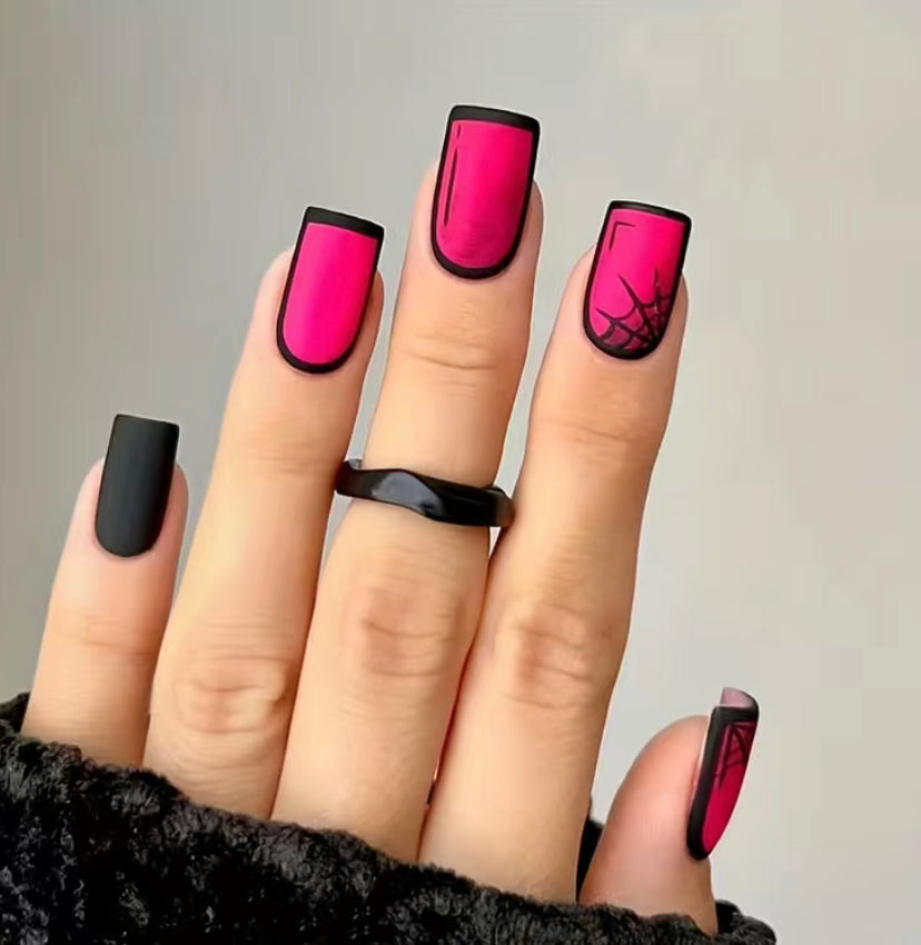 Cobweb Pink & Black Nails