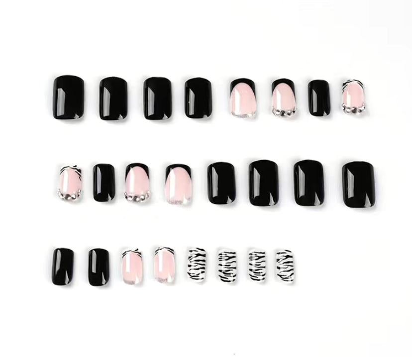 Black And White Striped Nails With Rhinestones