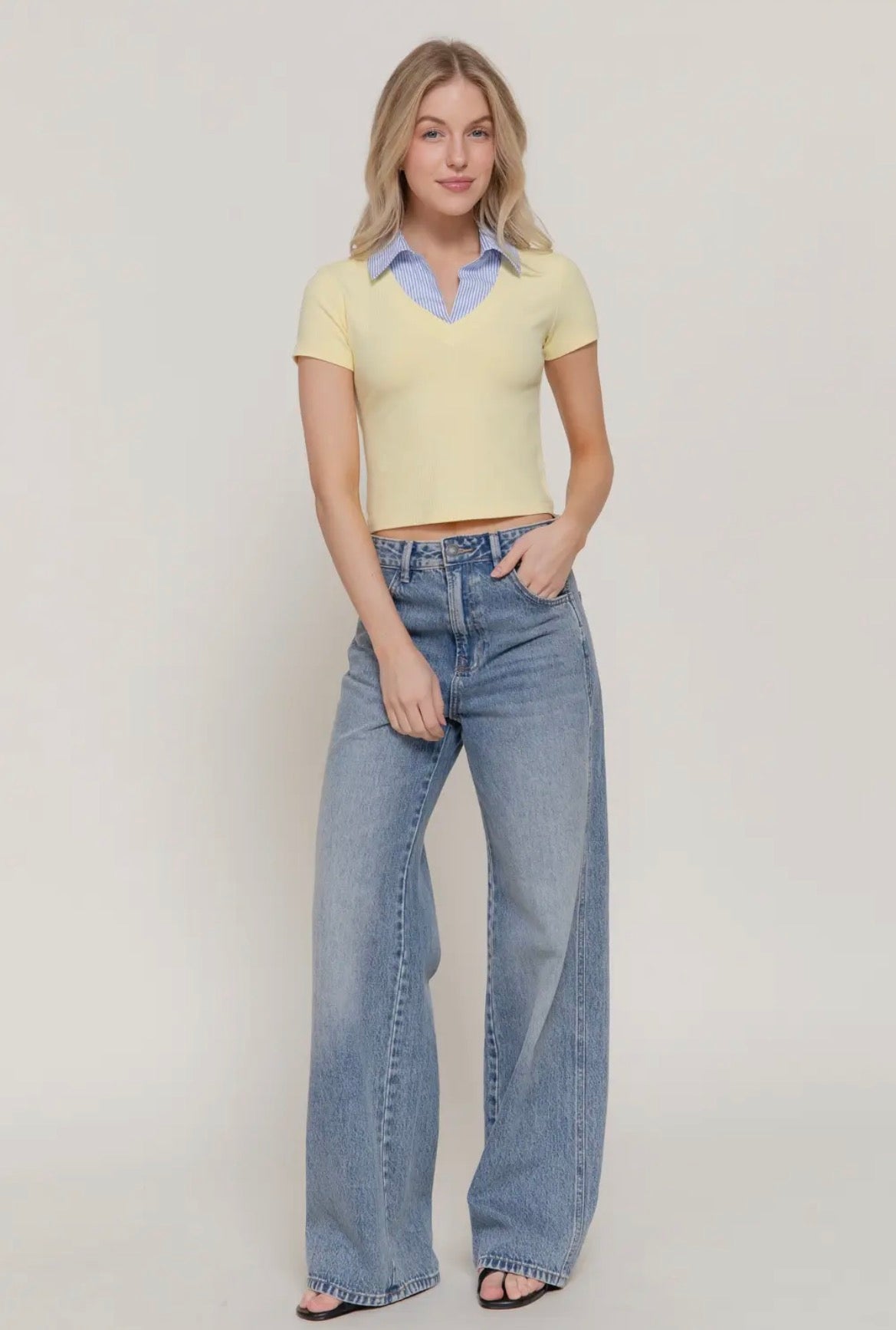 Yellow Contrast Polo Knit Top