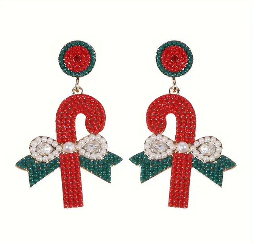 Red Rhinestone Candycane Earrings