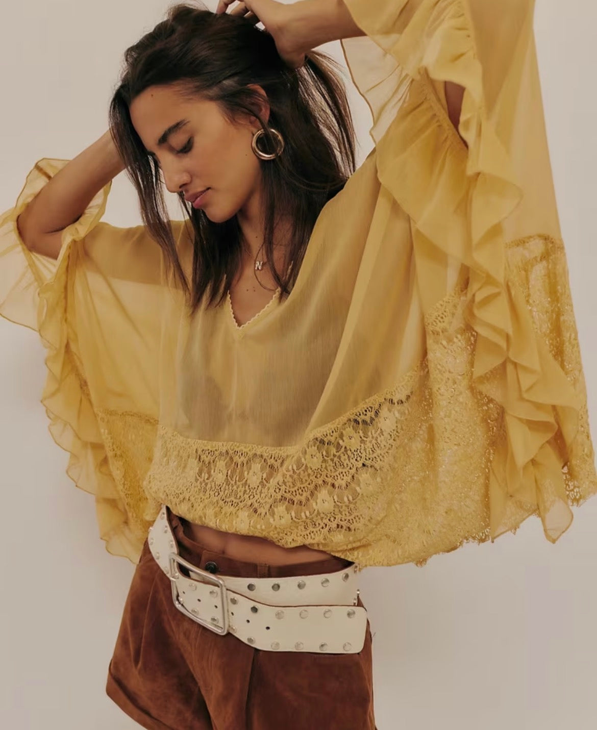 Yellow Lace Ruffle Boho Blouse