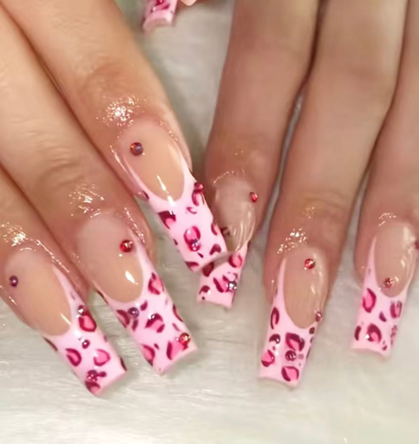 Pink Leopard Print Rhinestone Nails