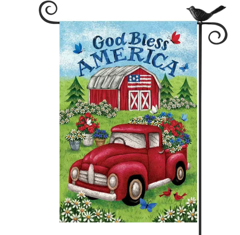 God Bless America Truck Rustic garden flag
