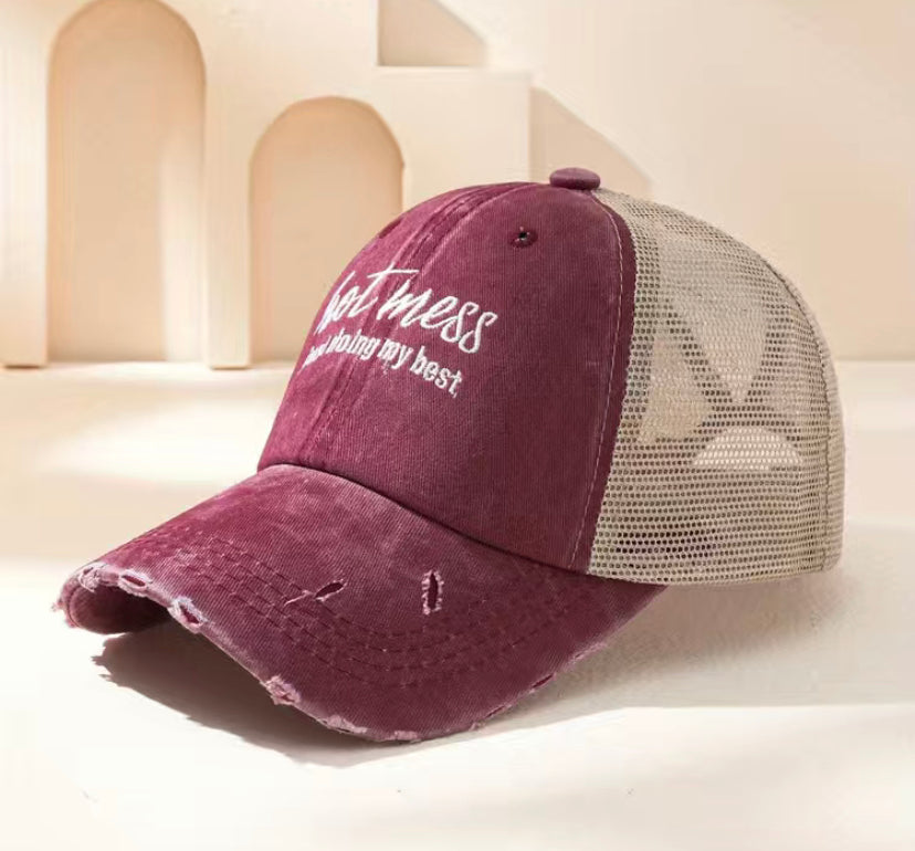 Hot mess Just doing my best distressed hat Burgundy