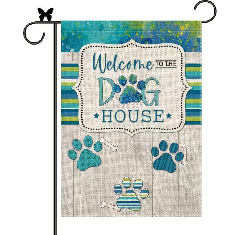 Welcome to the doghouse garden flag