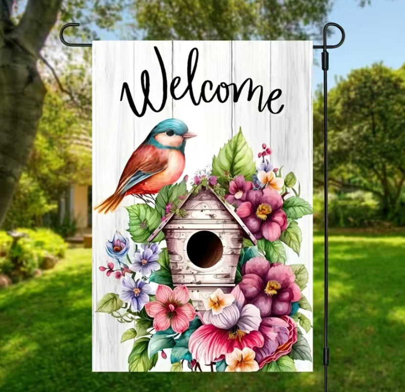 Birdhouse garden flag