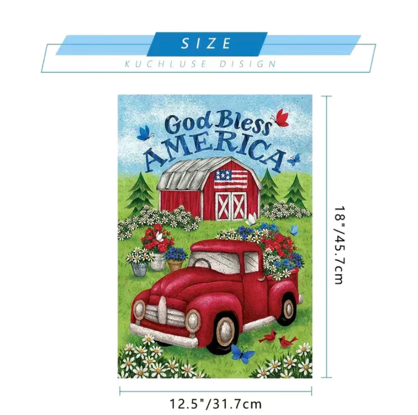 God Bless America Truck Rustic garden flag