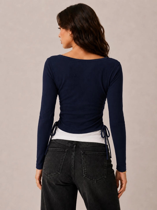 Square Neck Fake Layered Long Sleeve Top