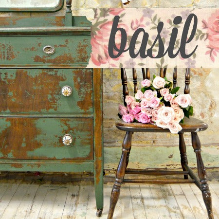 Basil, Sweet Pickins, Milk paint, Furniture paint, Vintage, Chalky finish, Eco-friendly, Natural ingredients, DIY, Home decor, Shabby chic, Distressed, Artisanal, Handcrafted, Restoration, Antique, Upcycling, Renovation, Farmhouse style, Interior design