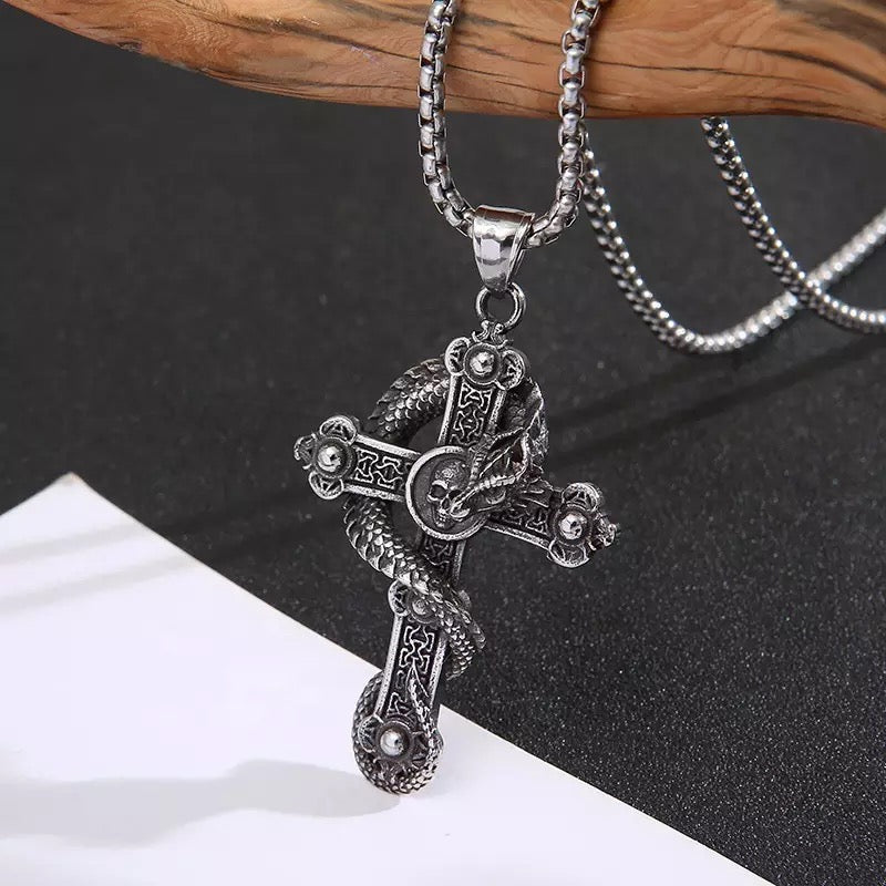 Dragon Skull Cross Pendant Necklace