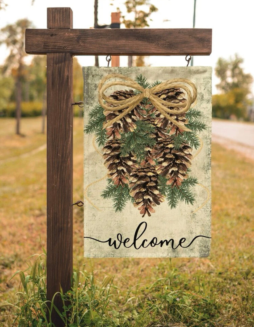 Pinecone welcome garden flag
