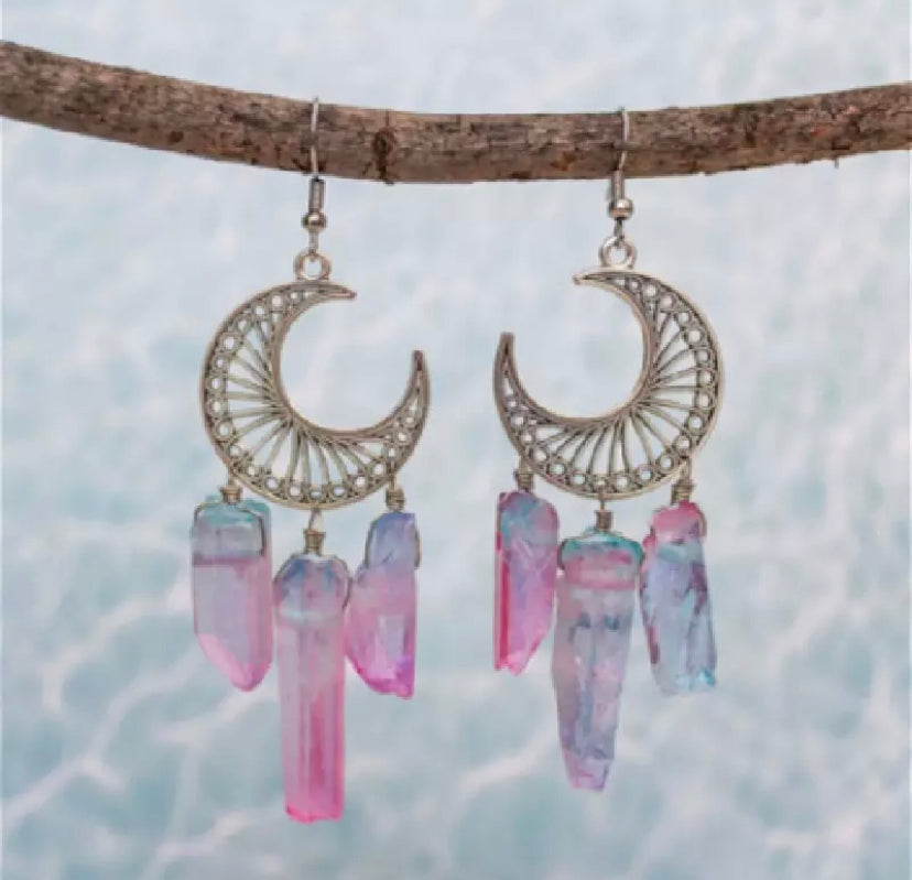 Crescent Moon Rainbow Quartz Stone Earrings