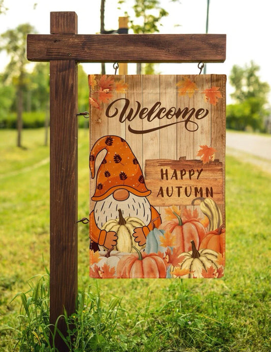 Happy autumn gnome garden flag