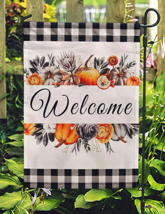 Welcome garden flag halloween flowers & pumpkins