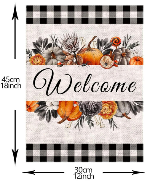 Welcome garden flag halloween flowers & pumpkins